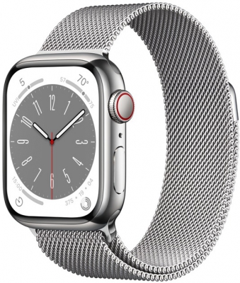 Apple Watch Series 8 Cellular, 41 мм, корпус из нержавеющей стали серебристого цвета, миланский сетчатый браслет серебристого цвета (ML753/MNJ93)