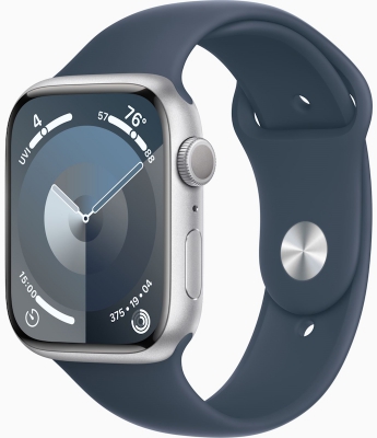 Часы Apple Watch Series 9, 45 мм, корпус из алюминия серебристого цвета, спортивный ремешок цвета «штормовой синий», размер M/L (MR9E3)